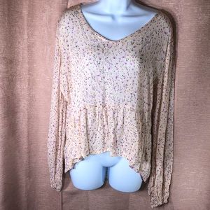 Light Pink Long Sleeve Floral Hi Lo Peplum Blouse